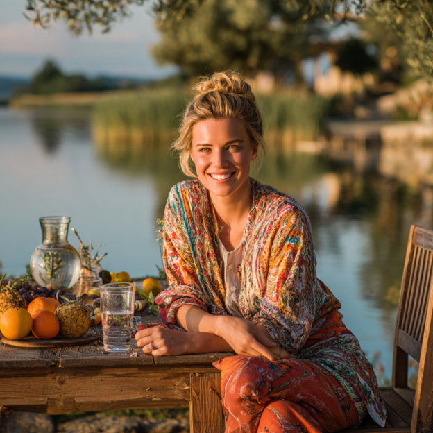 A smiling blonde woman with her hair elegantly tied up, wearing a colorful tunic and yoga pants, sitting at a rustic wooden table with fresh fruits and a glass of water, a serene lake